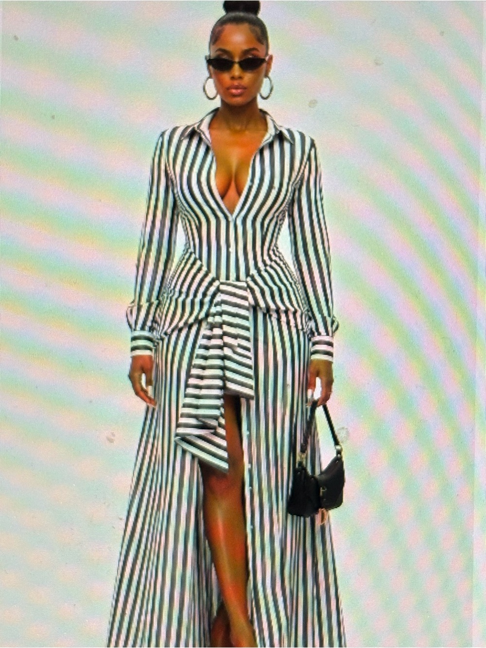 Pinstripe Woven Shirt Tie Waist Maxi Dress